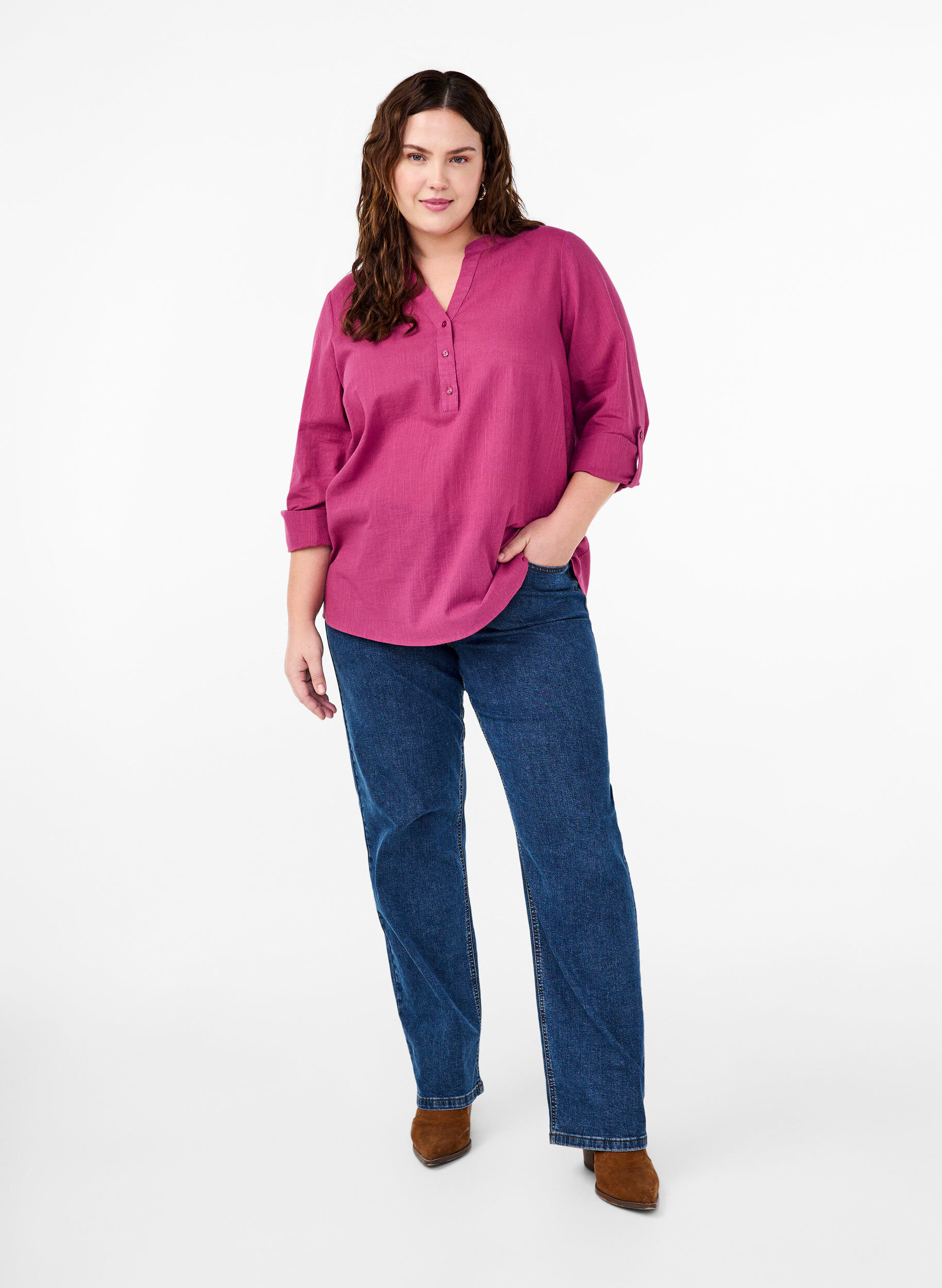 Zizzi Puuvillainen paitapusero V-kaula-aukolla, Malaga, Model image number 2