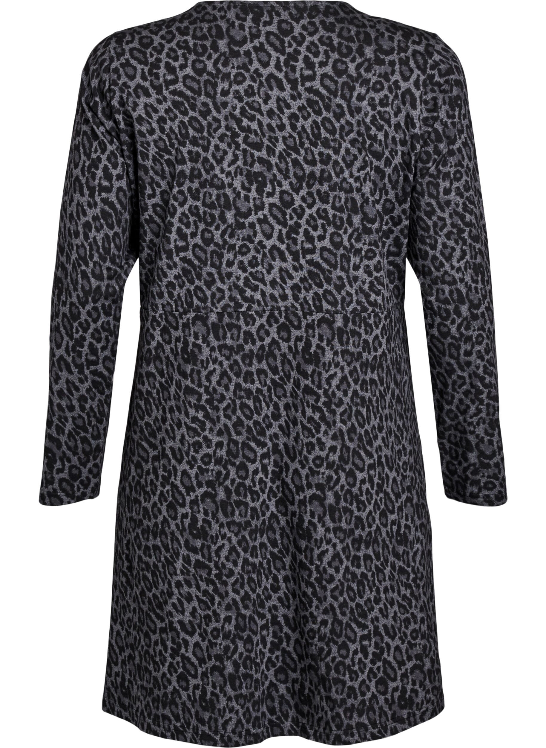 Zizzi Pitk&auml;hihainen mekko py&ouml;re&auml;ll&auml; p&auml;&auml;ntiell&auml; ja leopardikuosilla, Dark Grey Leo, Packshot image number 1