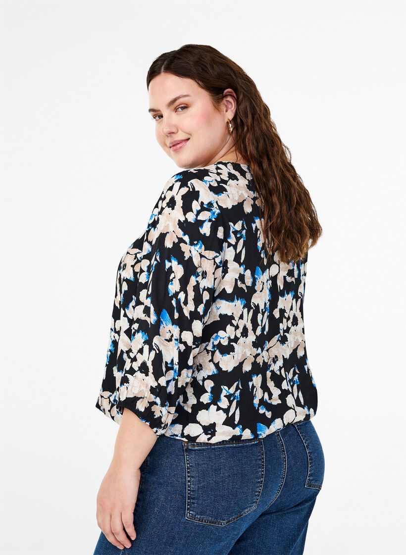 Viskoosipusero painatuksella ja smokkirypytyksellä, Musta, Model image number 2