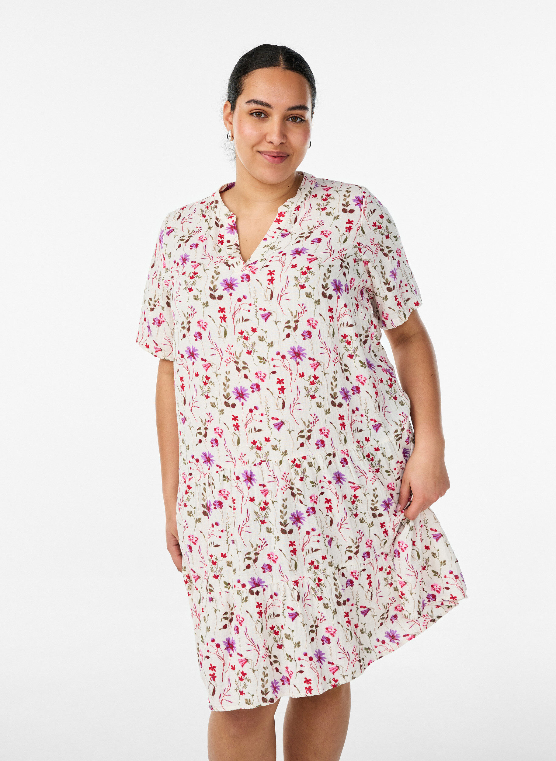 Lyhyt A-linjainen mekko puuvillamusliinista, Beige, Model
