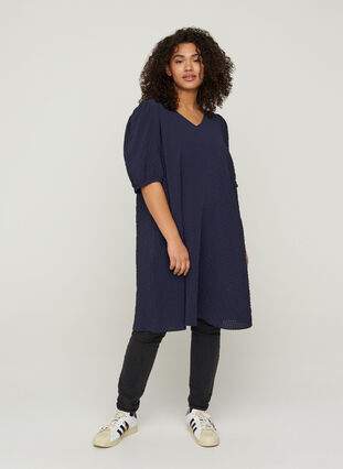 A-mallinen mekko tekstuurilla ja puhvihihoilla, Evening Blue, Model image number 3