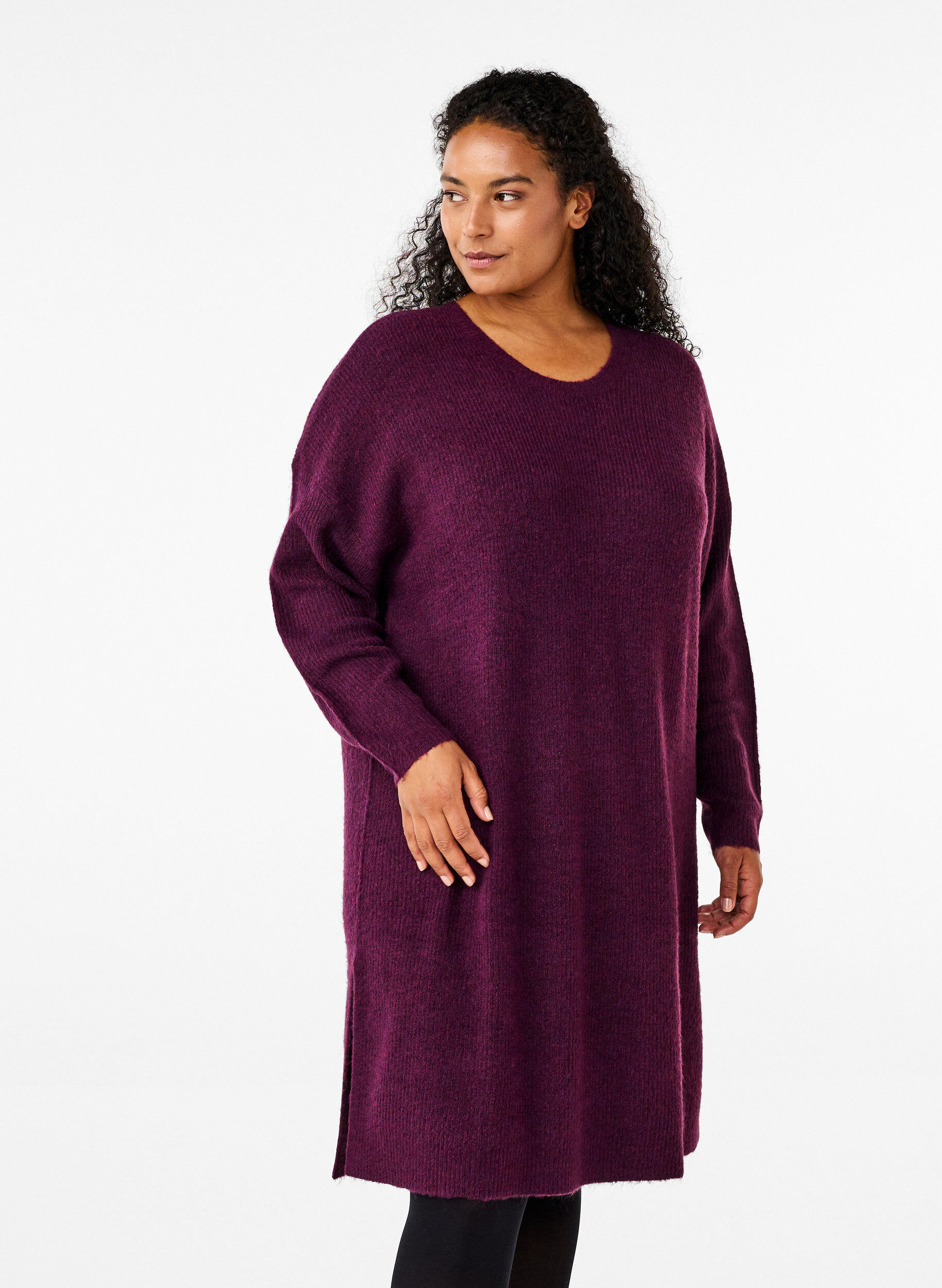 Zizzi Pitk&auml;hihainen ribbineulemekko, Potent Purple Mel., Model image number 0