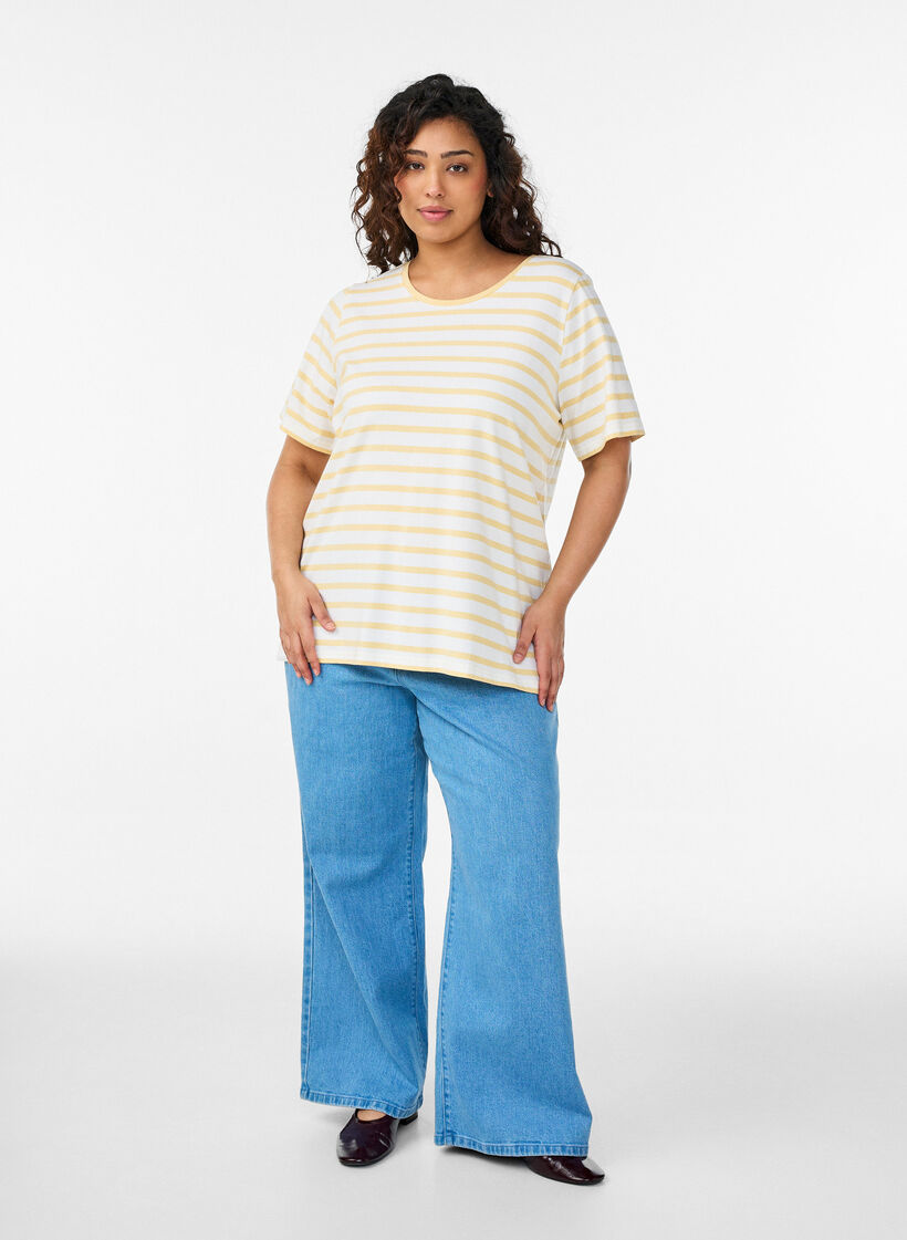 Raidallinen t-paita luomupuuvillaa, Keltainen, Model image number 1