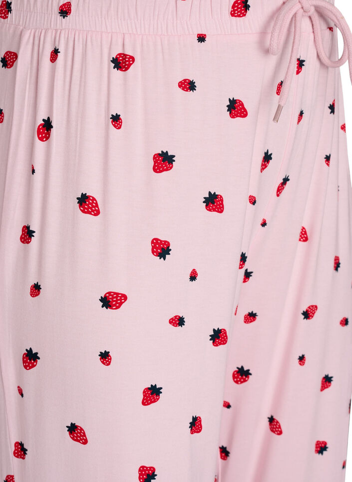 Pyjamahousut pehme&auml;st&auml; jersey-materiaalista, korkea vy&ouml;t&auml;r&ouml; ja hedelm&auml;kuosi, Vaaleanpunainen, Packshot image number 2