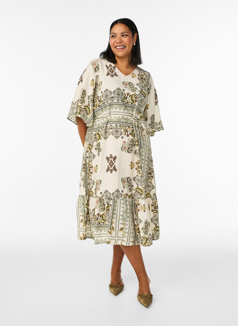 Kuviollinen midimekko viskoosista vy&ouml;ll&auml;, Vihre&auml;, Model image number 0