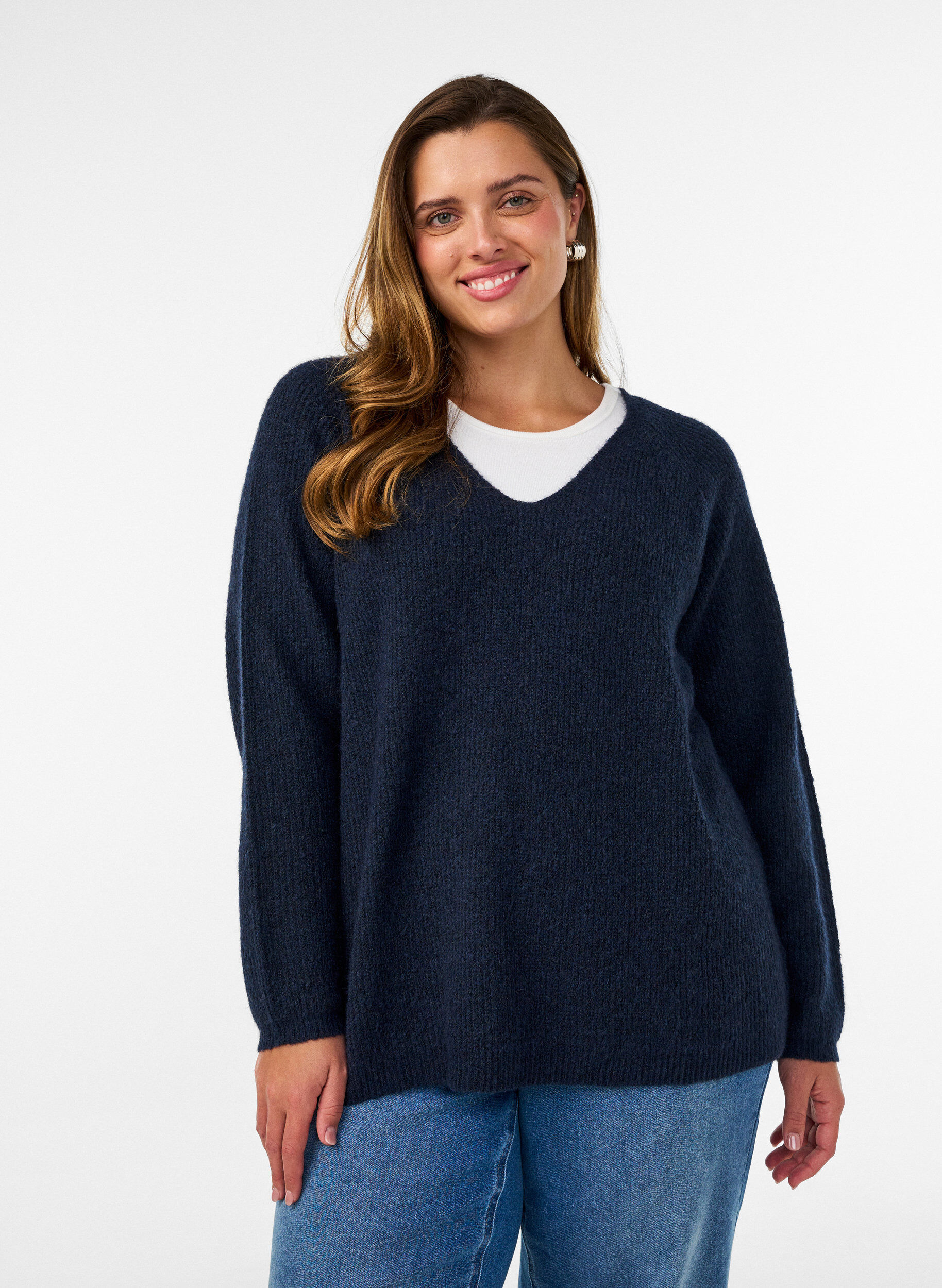ZizziNeulepusero v-p&auml;&auml;ntiell&auml; ja raglanhihoilla, Sininen, Model image number 0