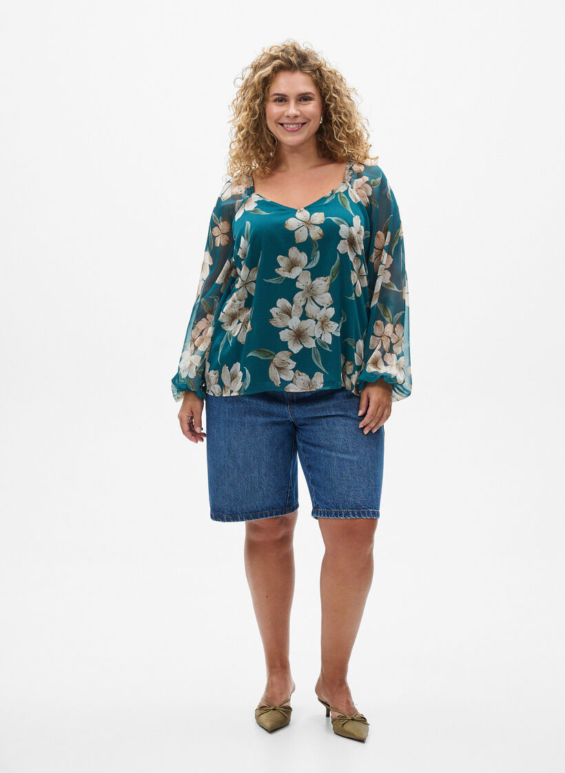Chiffonpusero kukkakuosilla ja pitkill&auml; hihoilla, Vihre&auml;, Model image number 1