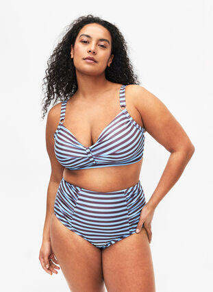 Korkeavyötäröinen raidallinen bikinien alaosa, BlueBrown Stripe AOP, Model image number 0