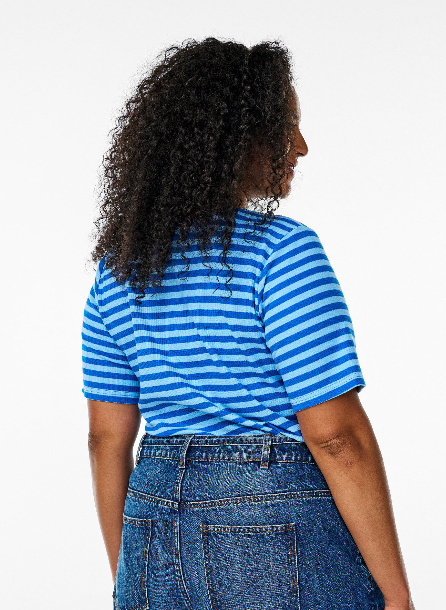 Zizzi Raidallinen ribattu T-paita, Sininen, Model image number 2