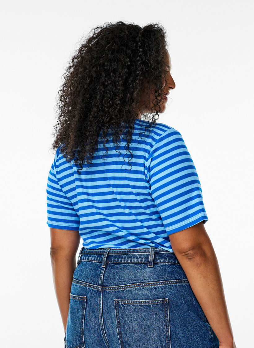 Raidallinen ribattu T-paita, Sininen, Model image number 2