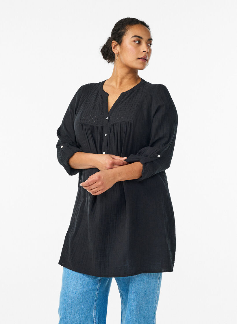 Puuvillamusliinitunika brodeeratulla pitsill&auml;, Musta, Model image number 0