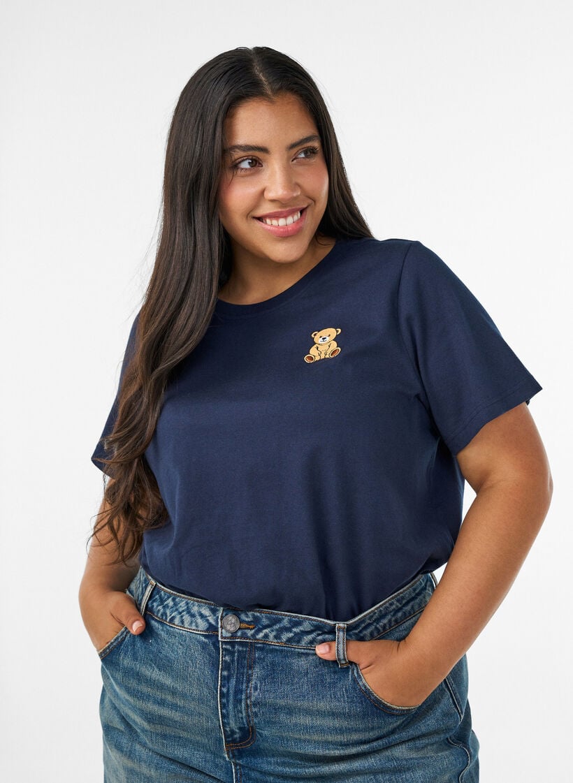 Luomupuuvillainen T-paita nallekuviolla, Sininen, Model image number 0