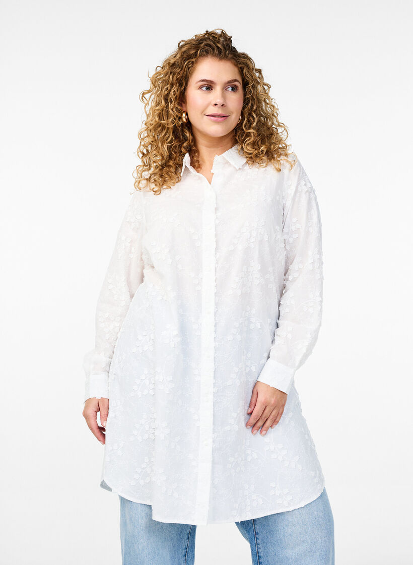 Paitamekko kirjailtuilla kukilla, Valkoinen, Model image number 0