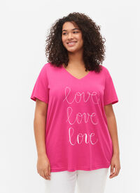 Puuvillainen t-paita v-pääntiellä ja printillä, Fuchsia Purple Love, Model