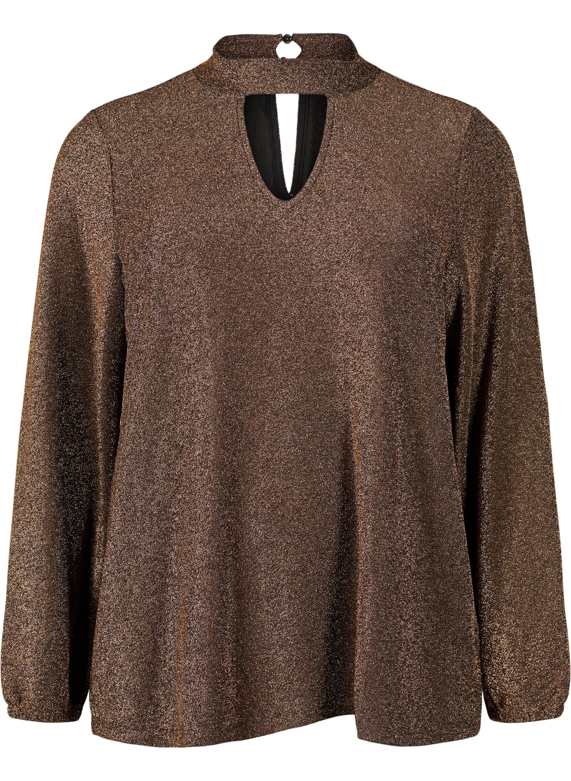ZizziPitk&auml;hihainen glitteripusero, jossa py&ouml;re&auml; kaula-aukko ja V-yksityiskohta, Black Copper, Packshot image number 0