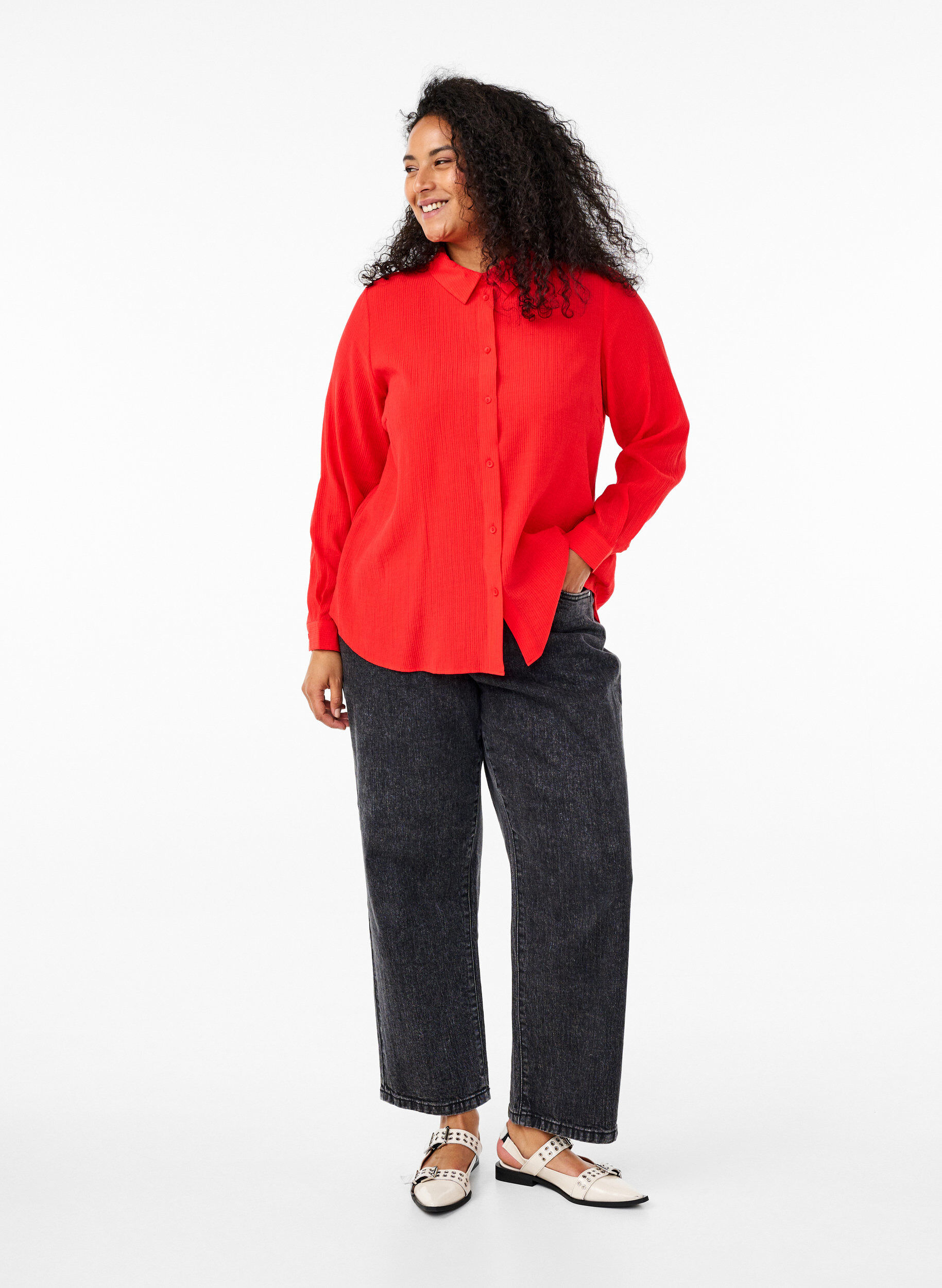 Zizzi Raidallinen tekstuurinen paita., Punainen, Model image number 1