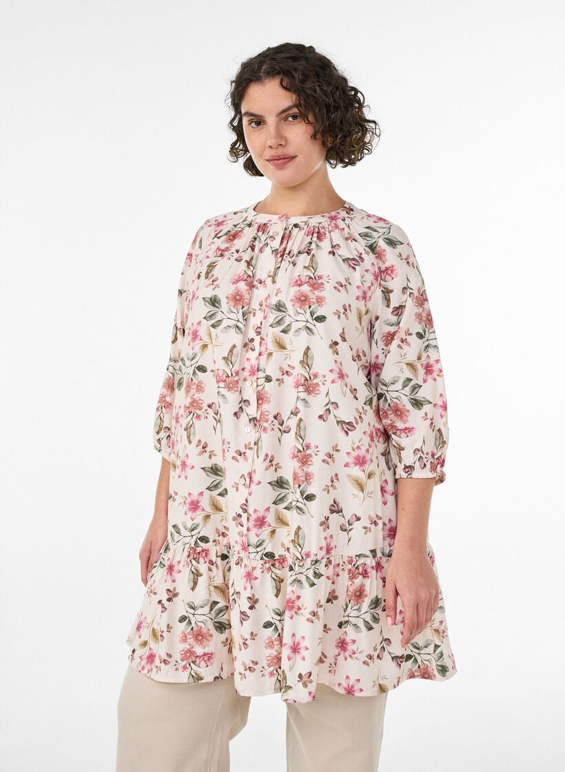 A-linjainen tunika viskoosista 3/4-hihoilla, Vanilja, Model image number 0