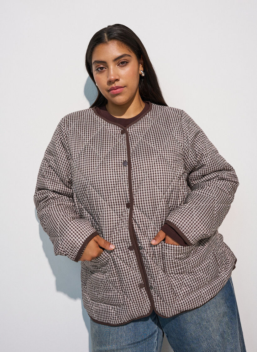 Tikkitakki pienill&auml; ruuduilla ja kontrastireuna, Ruskea, Model image number 0