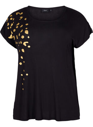Lyhythihainen t-paita viskoosista kultapainatuksella, Black Gold , Packshot image number 0