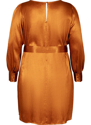 Kiiltävä mekko vyöllä ja puhvihihoilla, Buckthorn Brown, Packshot image number 1