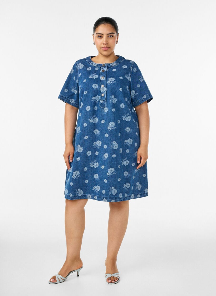 A-linjainen farkkumekko kukkakuviolla, Sininen, Model image number 1