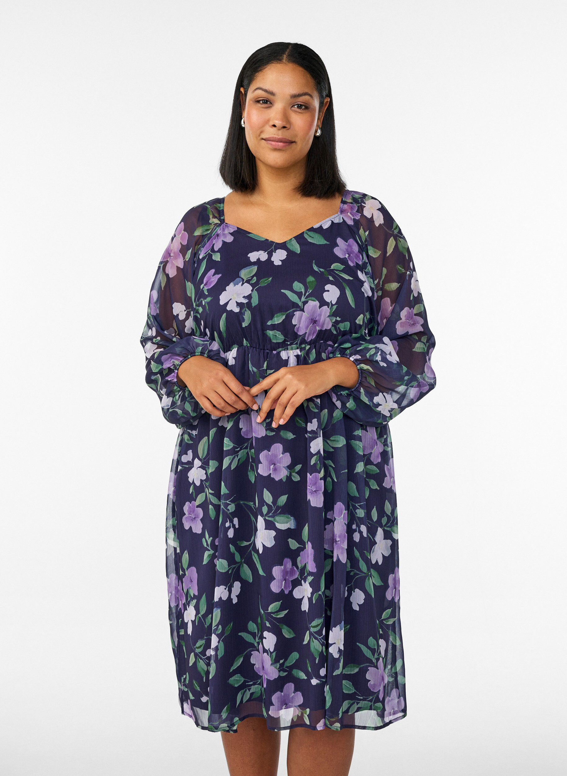 Pitk&auml;hihainen sifonkijuhlamekko, Sininen, Model