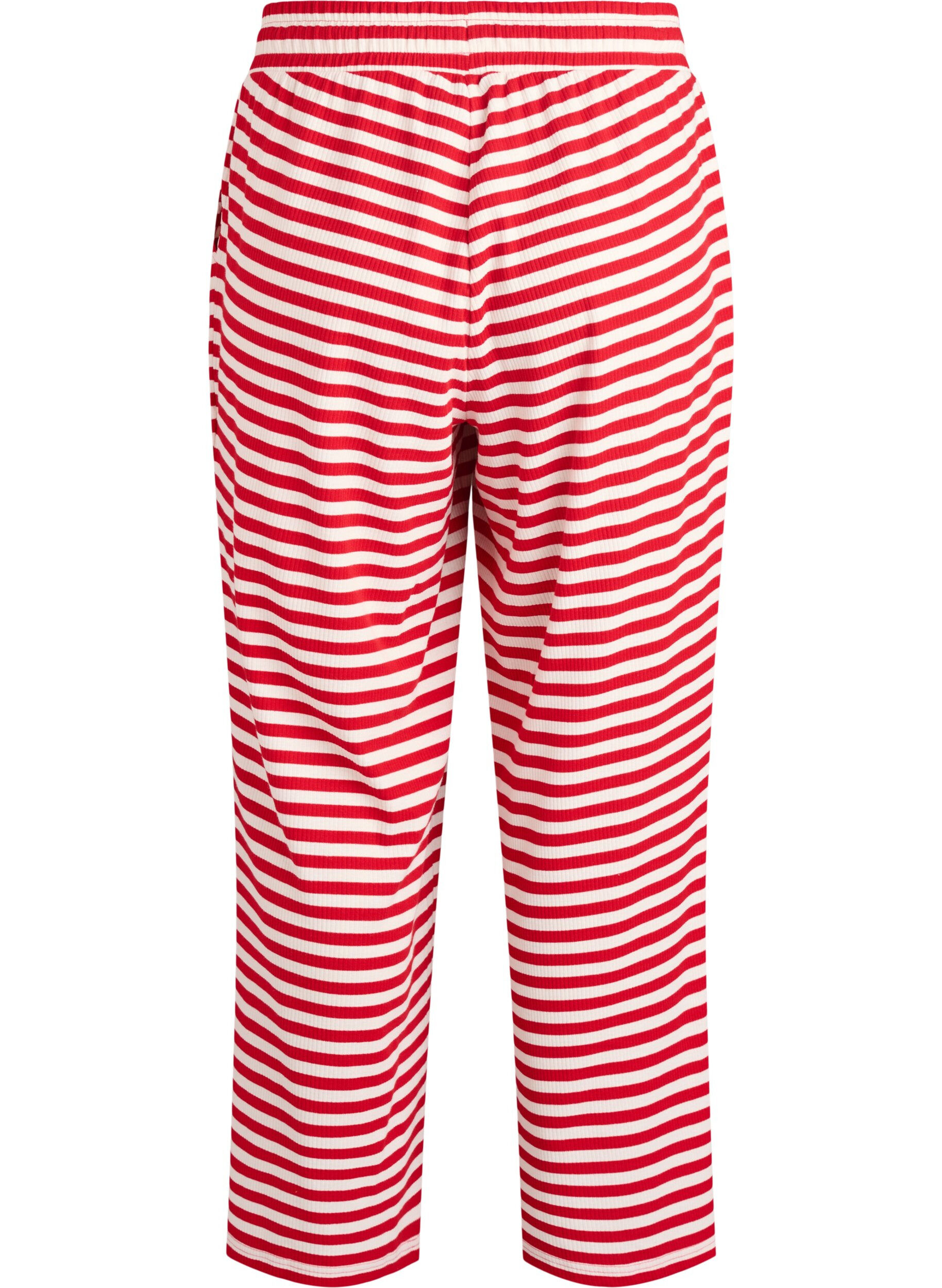 ZizziRaidalliset pyjamahousut korkealla vy&ouml;t&auml;r&ouml;ll&auml; ja leveill&auml; lahkeilla, Punainen, Packshot image number 1
