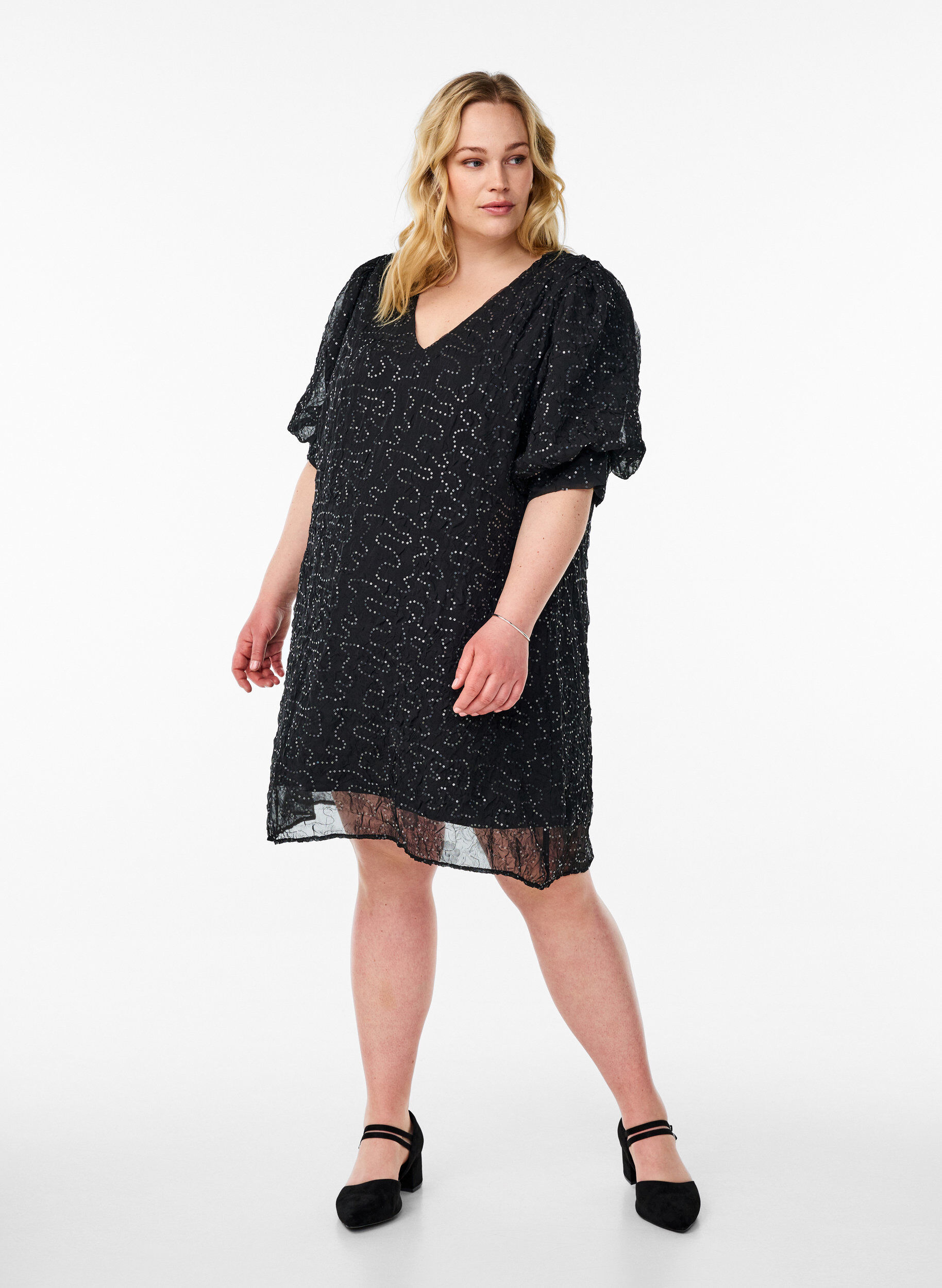 Zizzi Lyhyt juhlamekko paljeteilla, Musta, Model image number 1