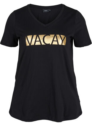 Puuvillainen t-paita v-aukolla , Black VACAY , Packshot image number 0