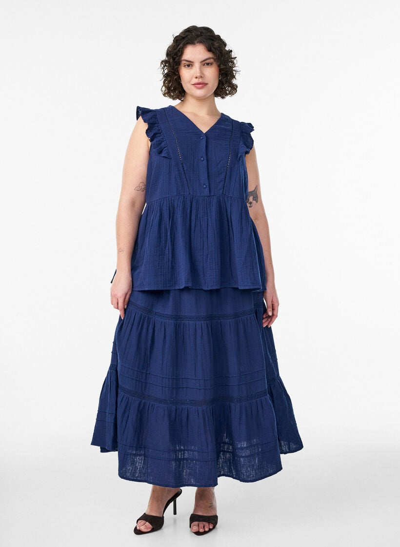 A-linjainen midihame puuvillamusliinista virkkausnauhalla, Sininen, Model image number 0