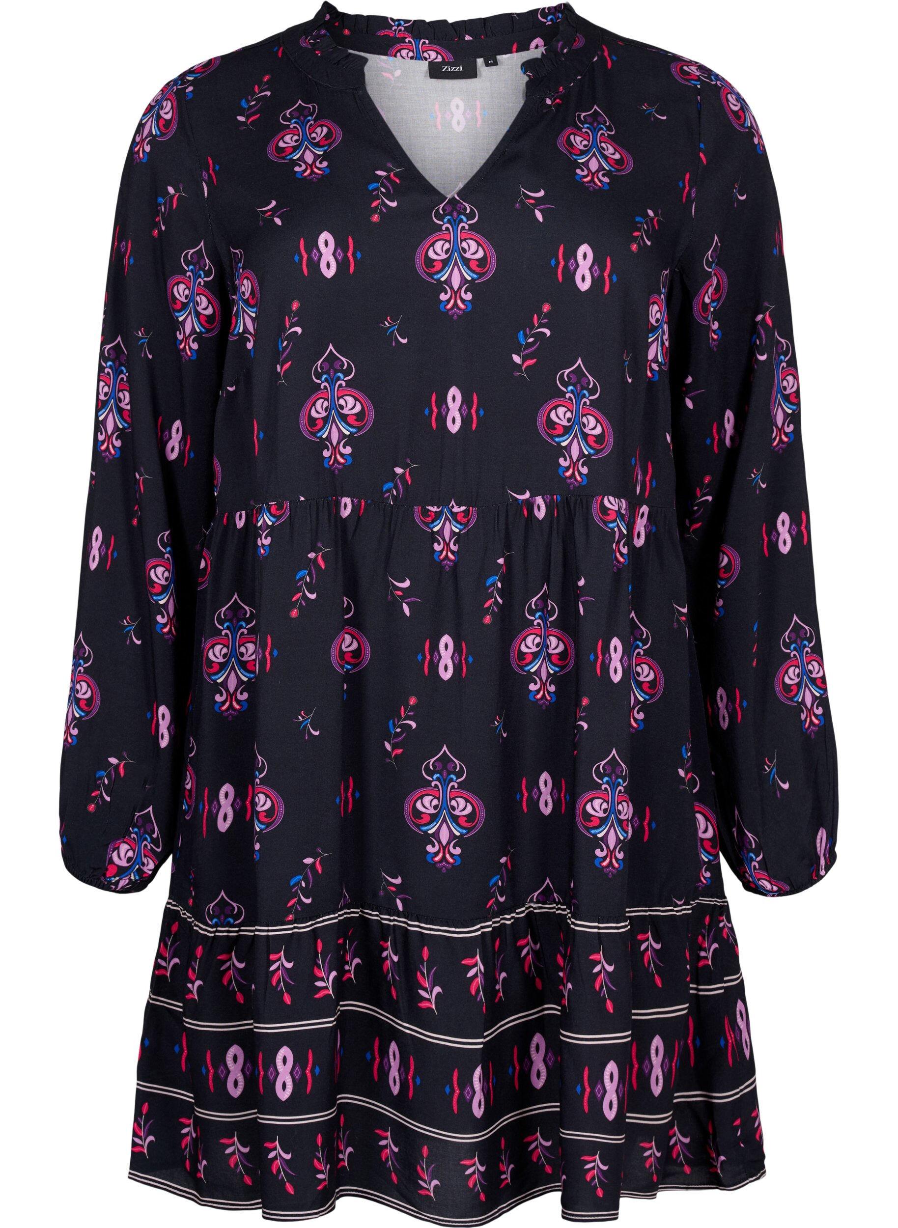 ZizziPitk&auml;hihainen viskoosimekko, jossa on painokuvio, Black Pink AOP, Packshot image number 0