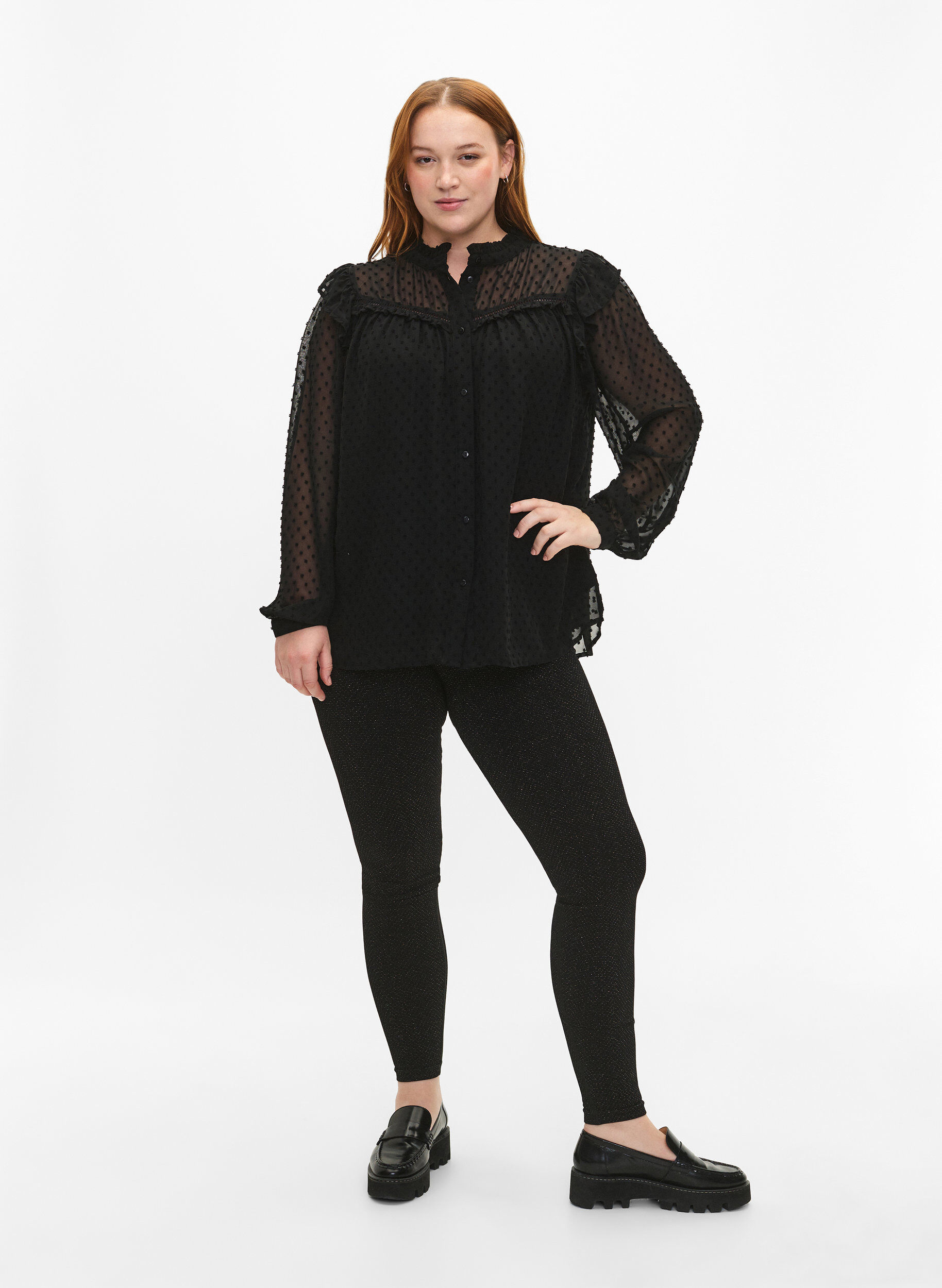 Zizzi Saumattomat glitter-leggingsit, Black Gold Lurex, Model image number 3