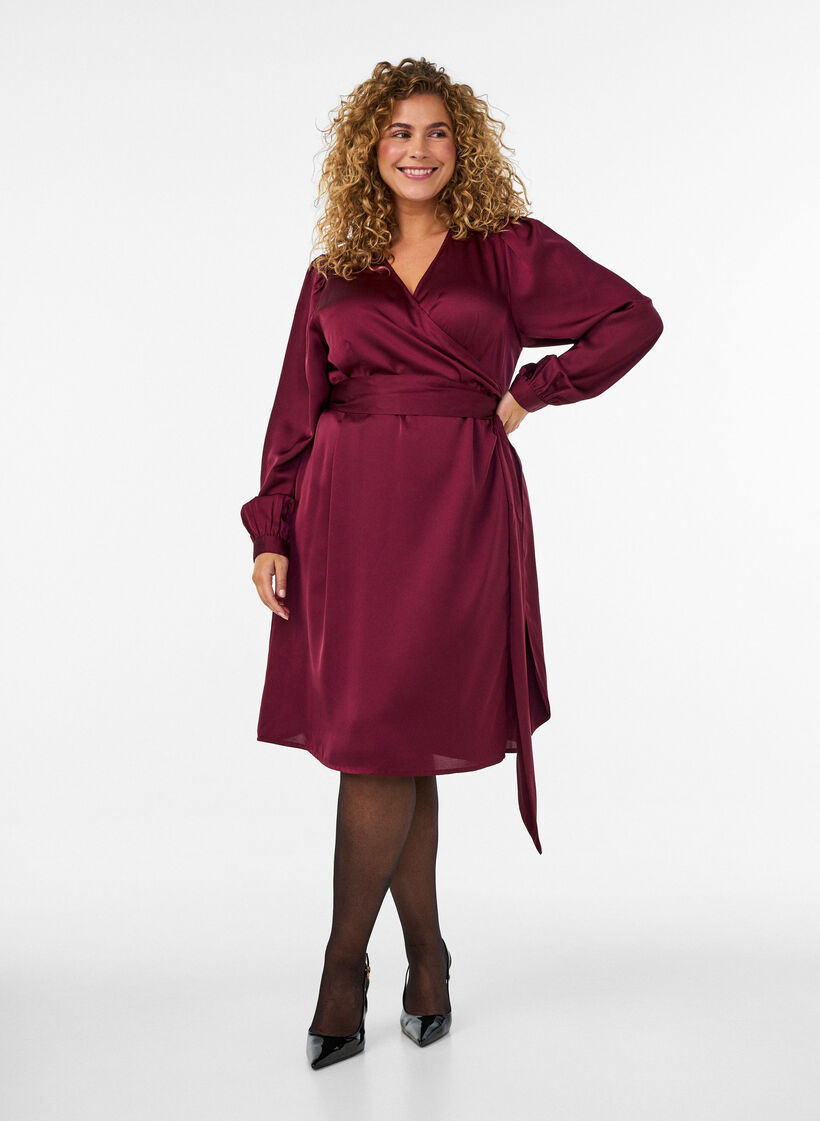 Lyhyt satiinimekko kietaisumallilla, Punainen, Model image number 0