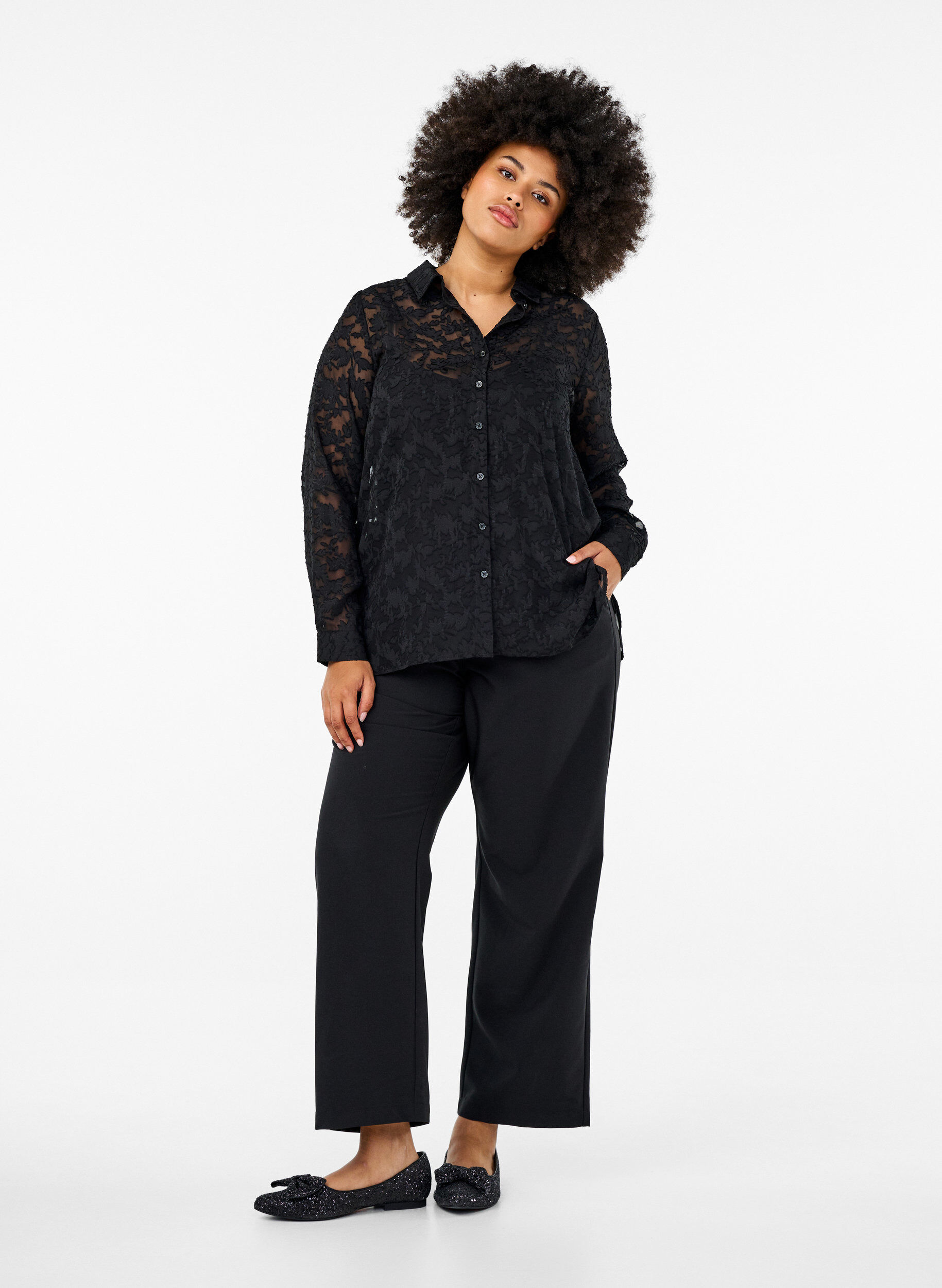 Zizzi Jacquard-paita napeilla, Black, Model image number 3