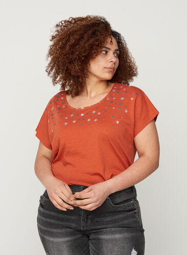 Lyhythihainen t-paita puuvillasta tähtiprintillä, Burnt Brick STARS, Model image number 0