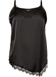 Satiinipintainen toppi pitsireunalla ja ep&auml;symmetrisell&auml; helmalla, Musta
