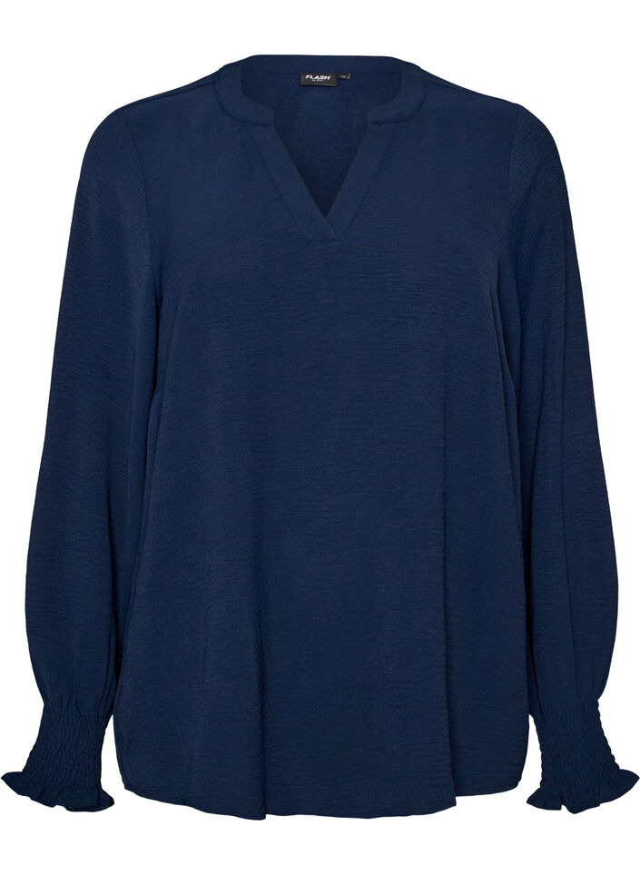 Pusero smock-kalvosimilla ja v-p&auml;&auml;ntiell&auml;, Sininen, Packshot image number 0
