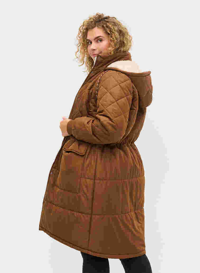 Tikattu takki hupulla ja säädettävällä vyötäröllä, Toffee, Model image number 1