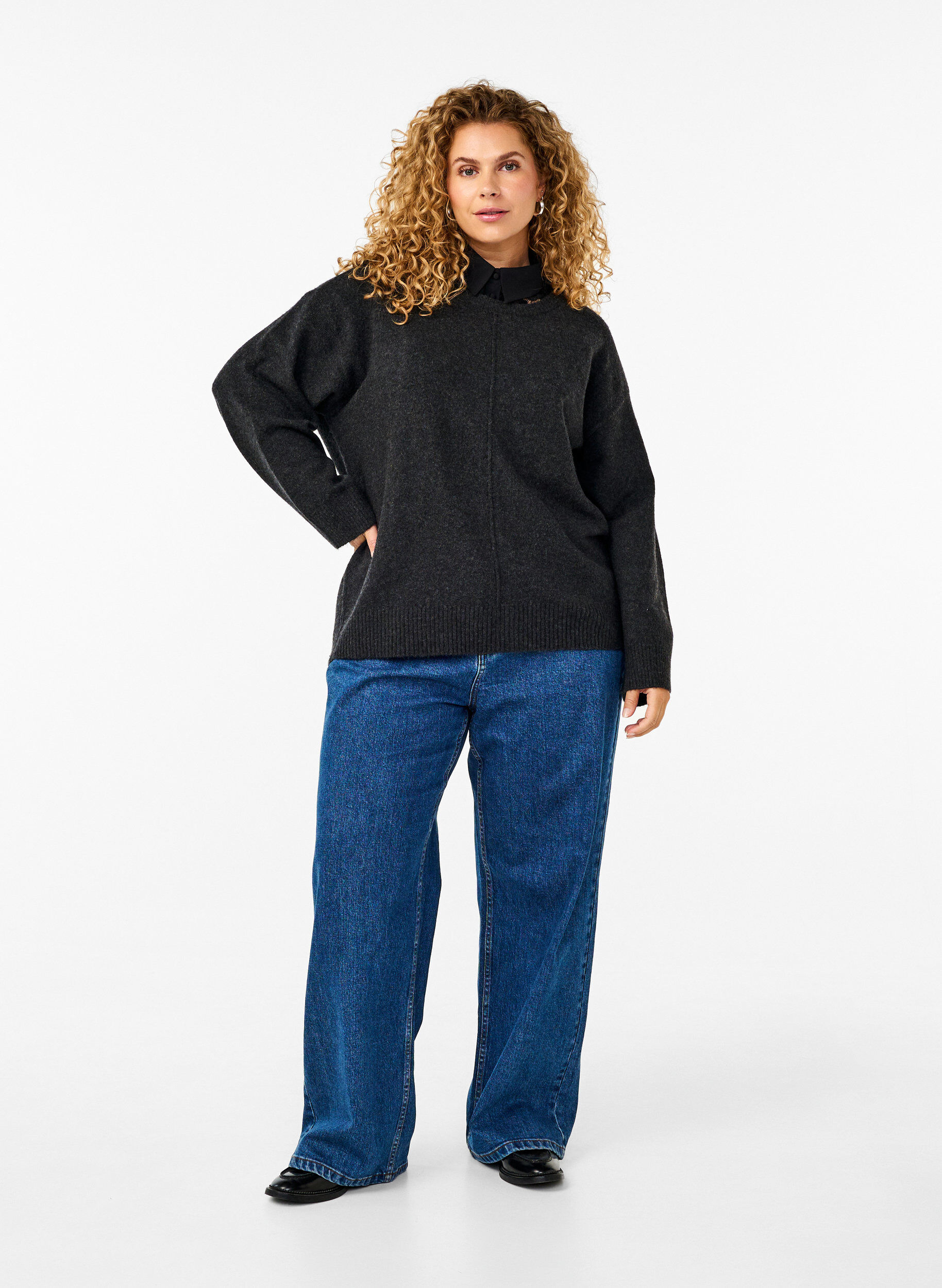 Zizzi Neulepusero, jossa on py&ouml;re&auml; p&auml;&auml;ntie ja keskisauma, Dark Grey Melange, Model image number 2