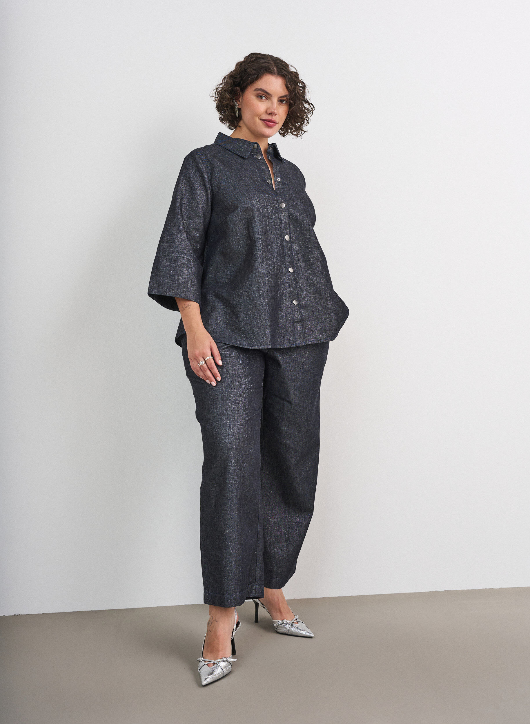 ZizziDenim-paita glitterlangalla ja 3/4-hihat, Harmaa, Model image number 1
