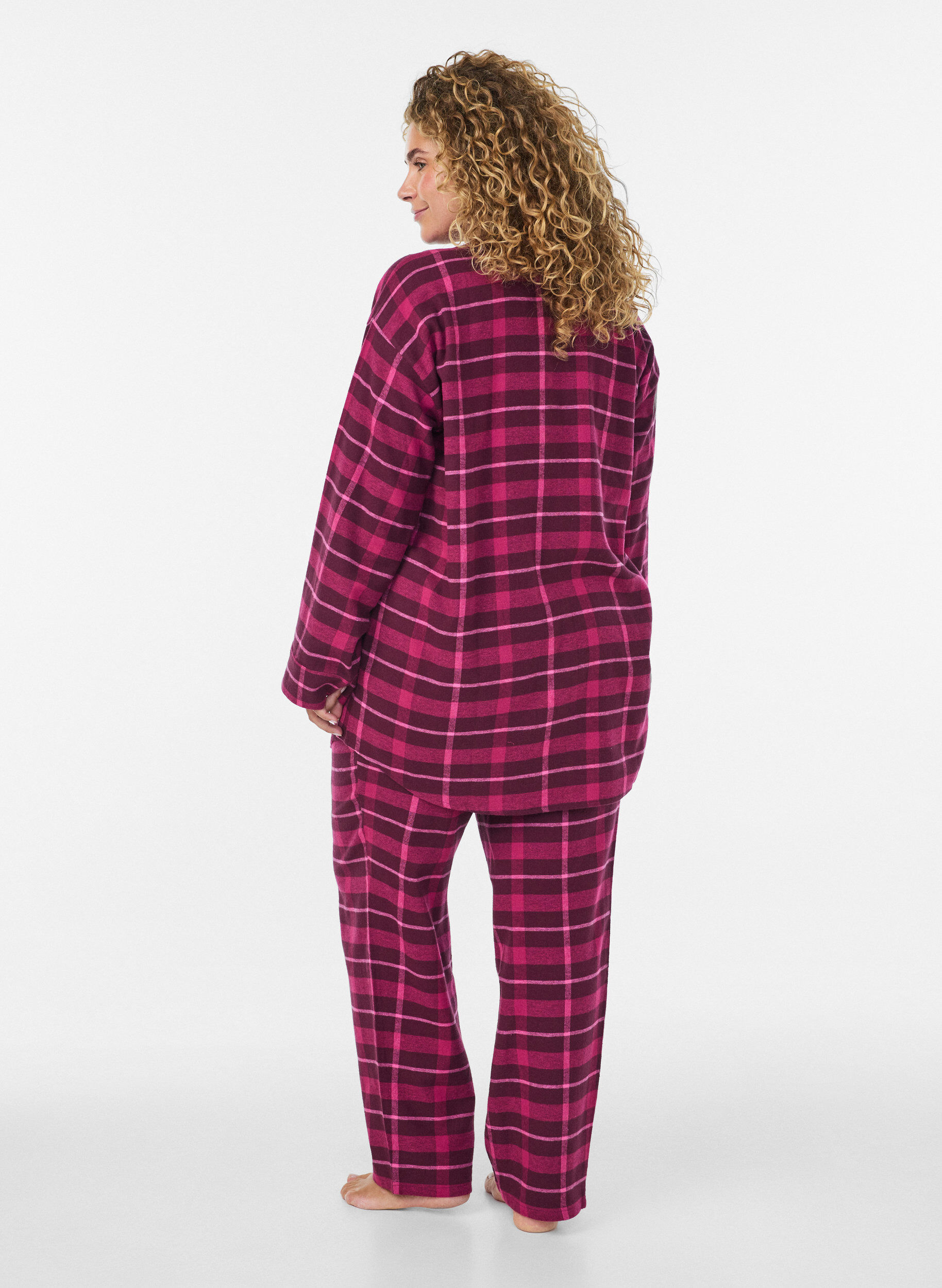ZizziPitk&auml;hihainen ruudullinen puuvillapyjamapaita, Punainen, Model image number 2