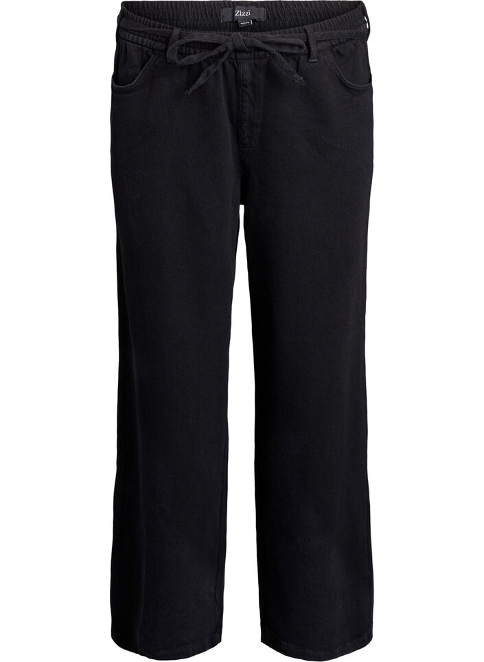 Rento istuvuus -farkut joustavalla vyötärönauhalla ja kiristysnauhalla., Musta, Packshot