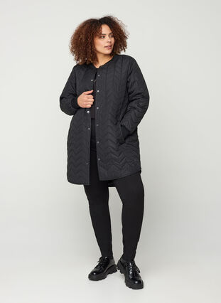 Pitkä tikattu takki napituksella , Black, Model image number 2