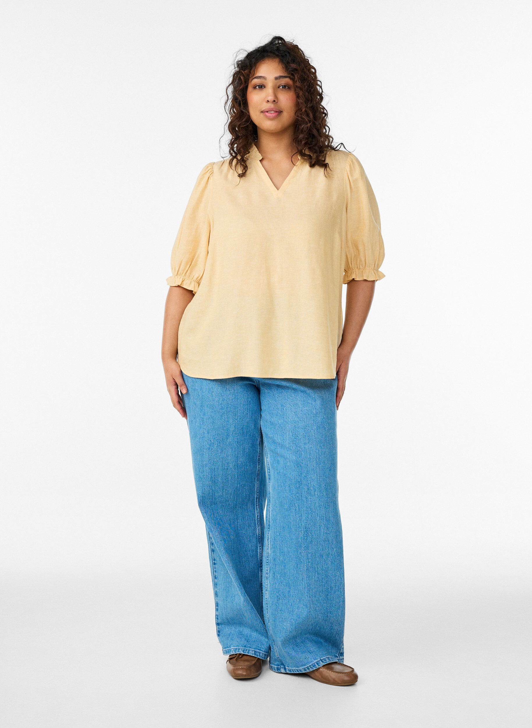 Zizzi Pusero pellava-viskoosisekoitteesta 1/2-hihoilla, Keltainen, Model image number 1