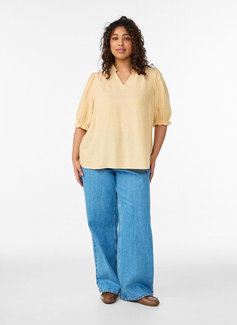 Pusero pellava-viskoosisekoitteesta 1/2-hihoilla, Keltainen, Model image number 1