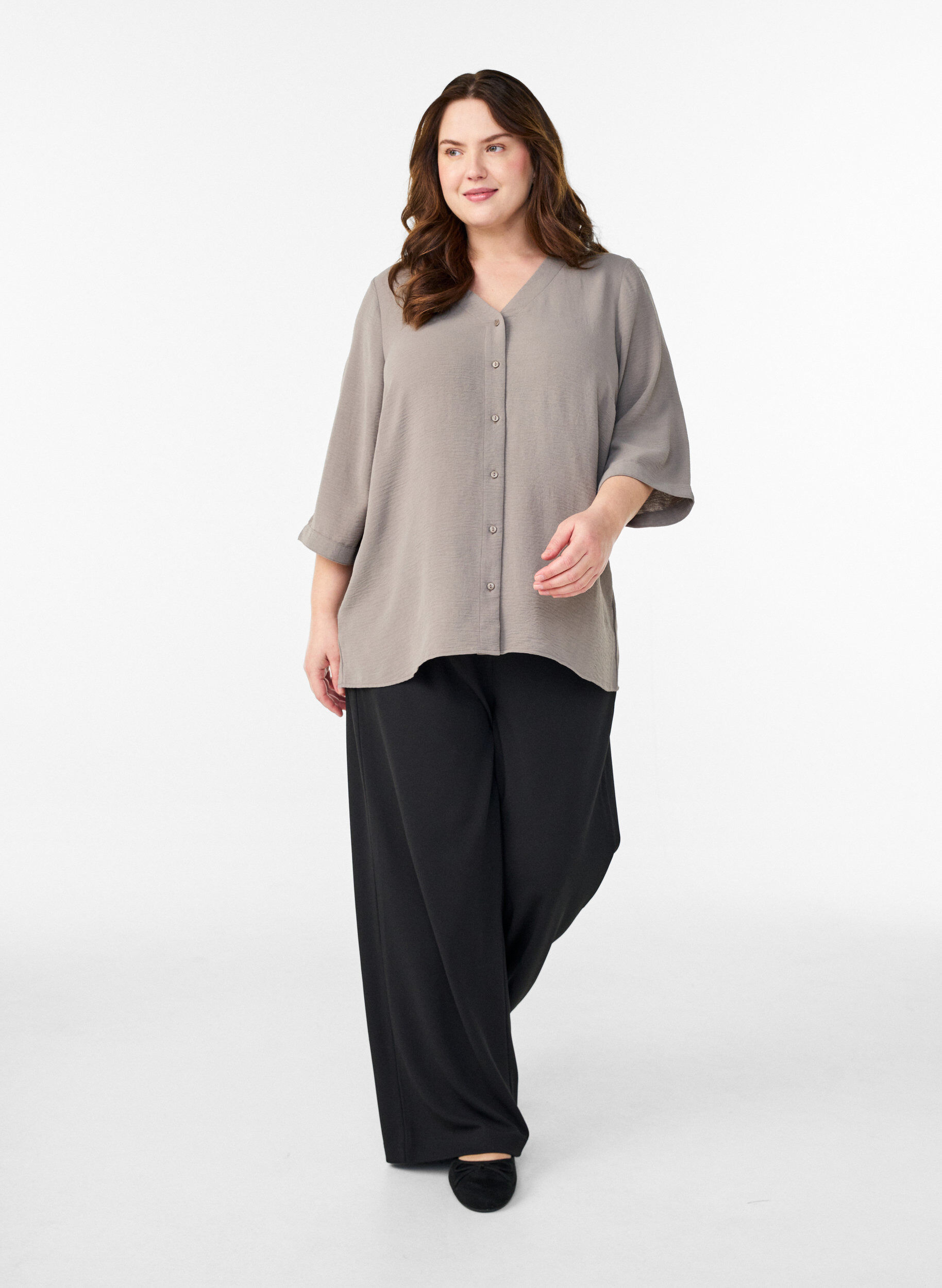 ZizziV-aukkoinen paitapusero 3/4-hihoilla, Beige, Model image number 1