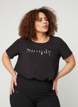 Lyhythihainen puuvillainen t-paita painatuksella, Black SIMPLY, Model image number 0