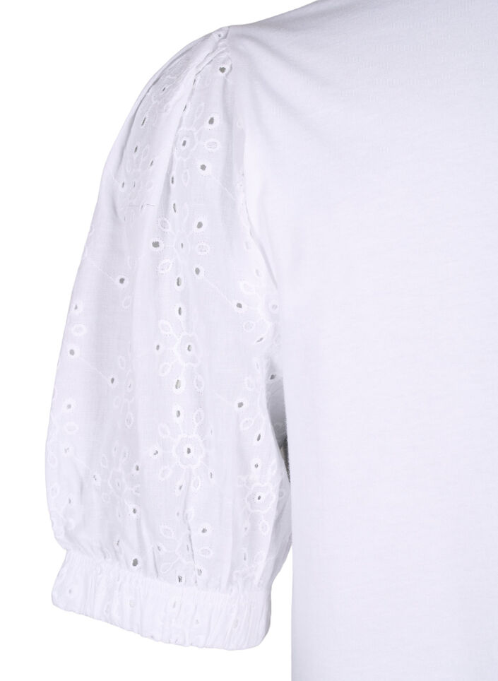 Orgaanisesta puuvillasta valmistettu pusero, jossa on broderie anglaise -hihat, Bright White, Packshot image number 3