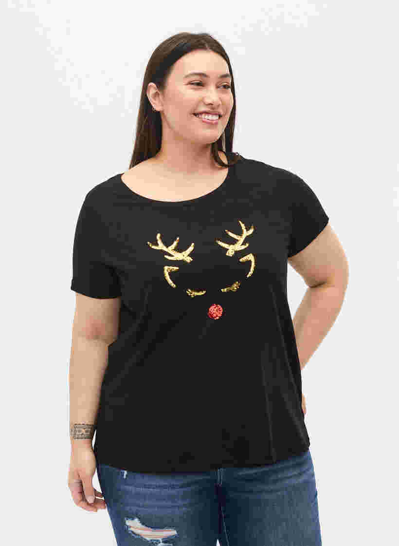Jouluinen t-paita puuvillasta, Black Reindeer, Model image number 0