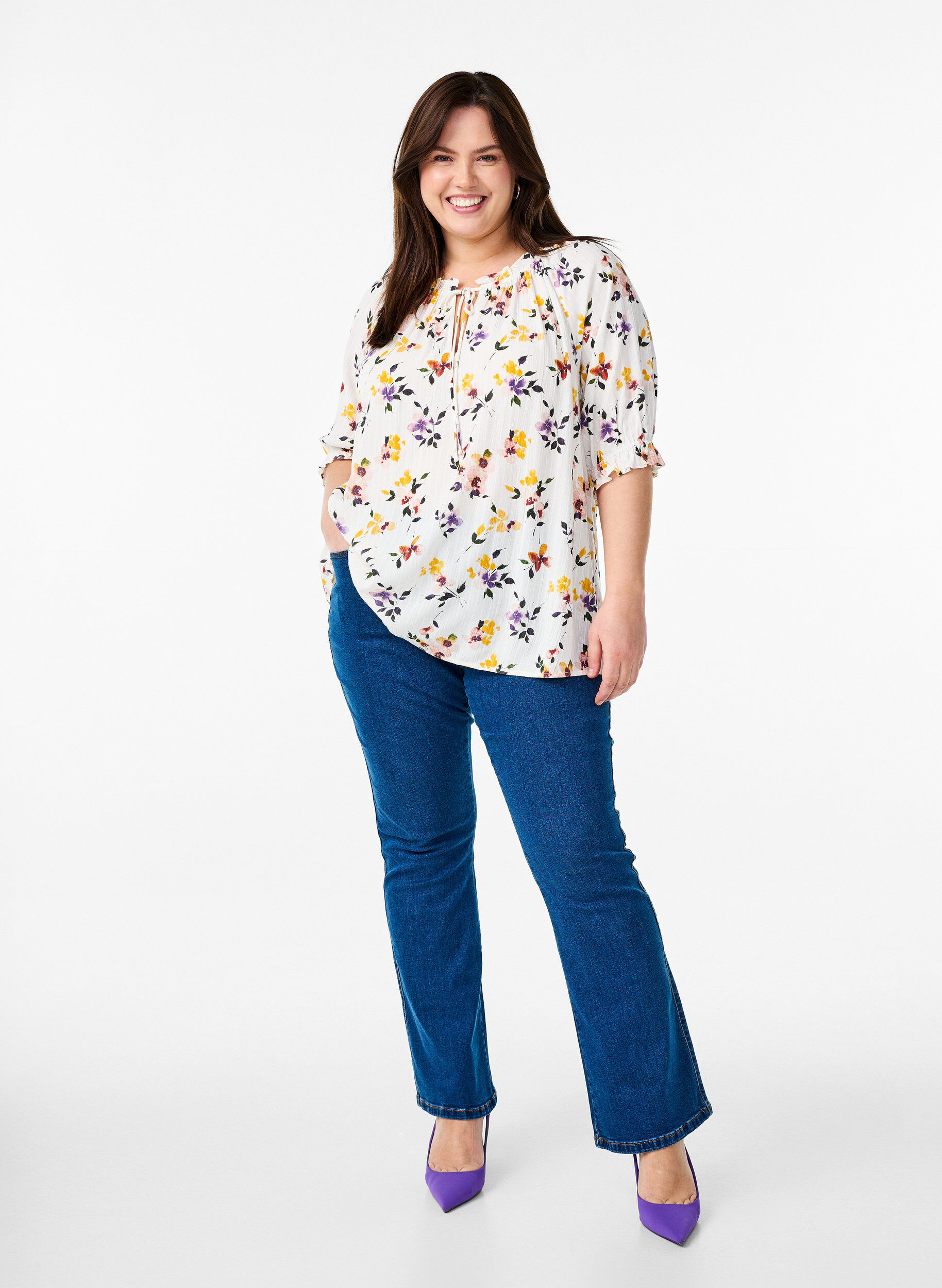 Zizzi Viskoosipusero paisley-kuviolla ja kyyn&auml;rpituisilla hihoilla, Valkoinen, Model image number 1